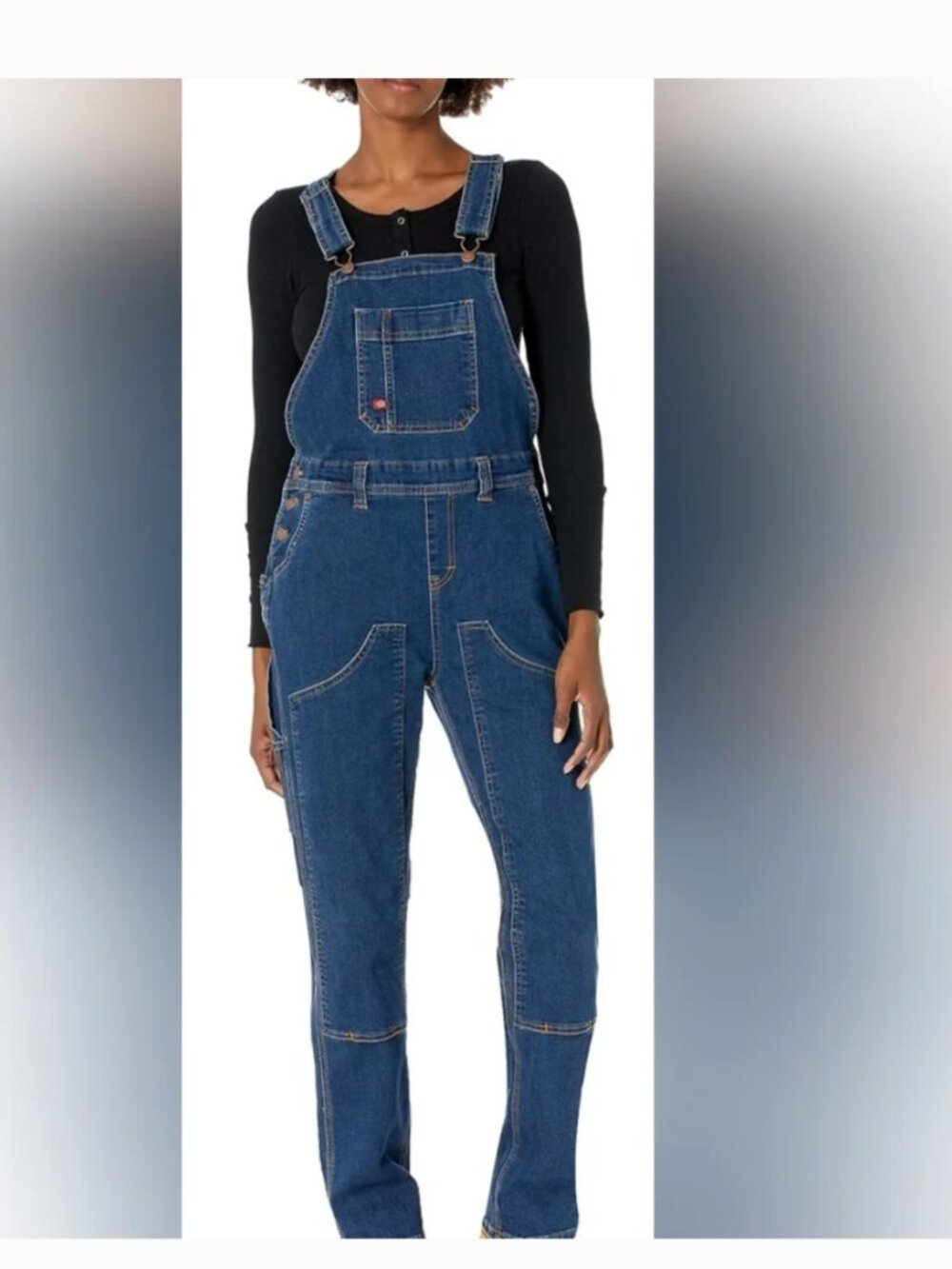 Dickies Women's Double Front Bib Overall Dark Wash Knee Pad openings Sz S